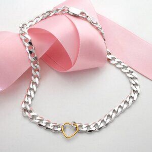 925 Sterling Silver Curb Chain Anklet with Gold Heart Accent, Stamped 925